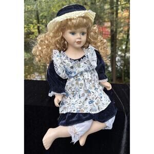 HTF Vintage Porcelain Golden Curly Hair Girl Shelf Sitting Nice!